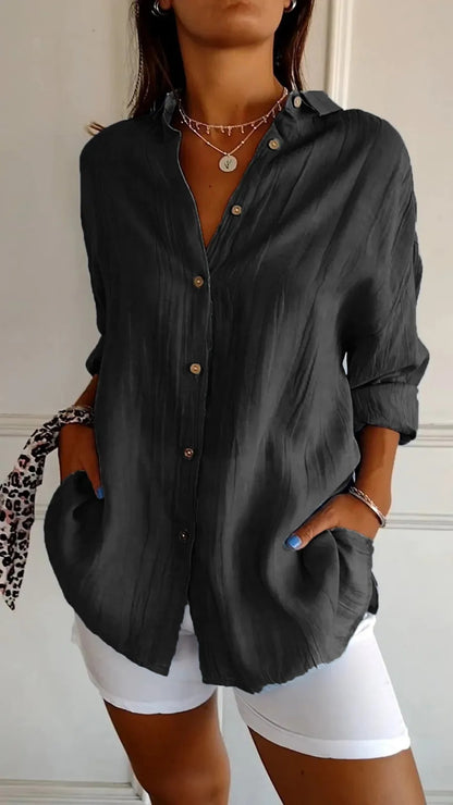 Textured button-front shirt in black