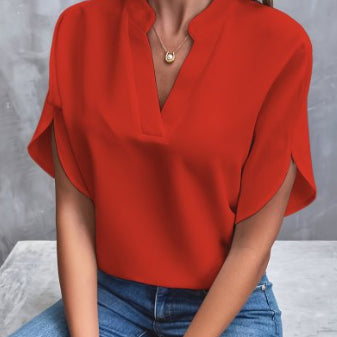 Short-sleeve split-neck blouse in red