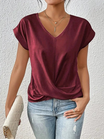 Knot-front V-neck top in dark red