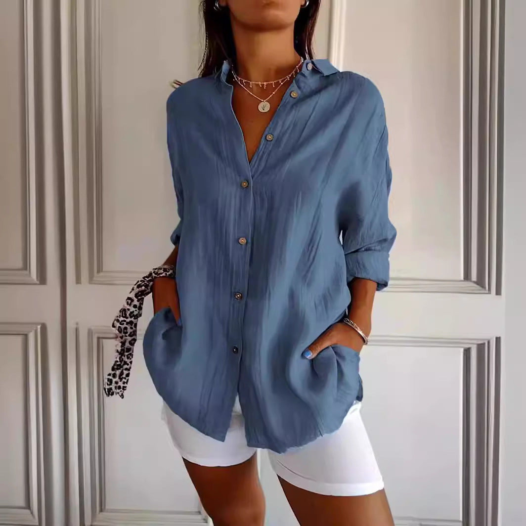 Textured button-front shirt in blue