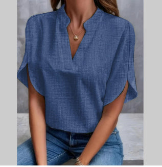 Split-neck blouse in navy blue, front view