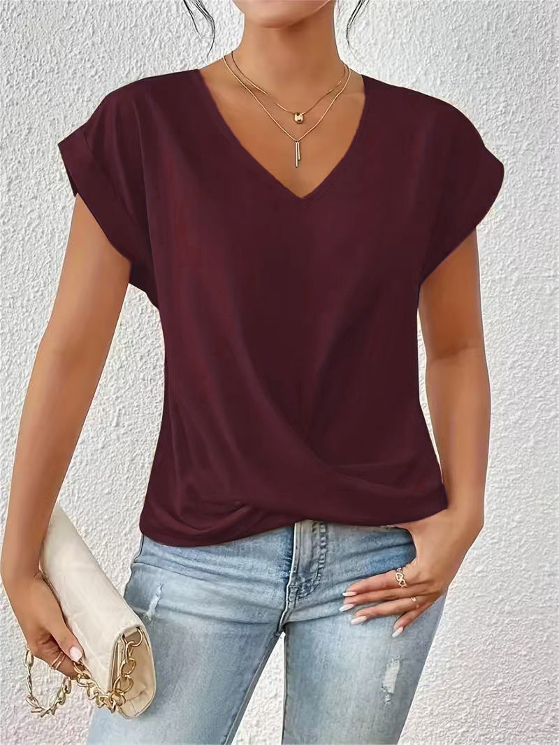 Knot-front V-neck top in wine red