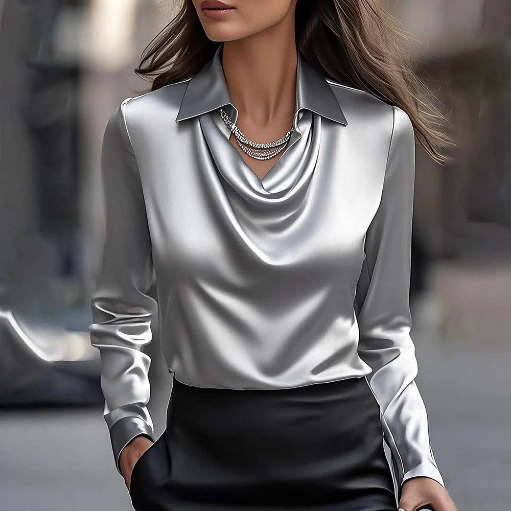 Draped satin-effect blouse in gray, front view