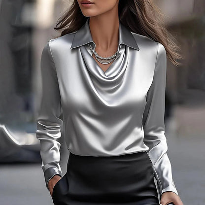 Draped satin-effect blouse in gray, front view