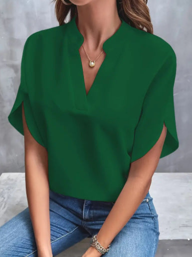 Short-sleeve split-neck blouse in green