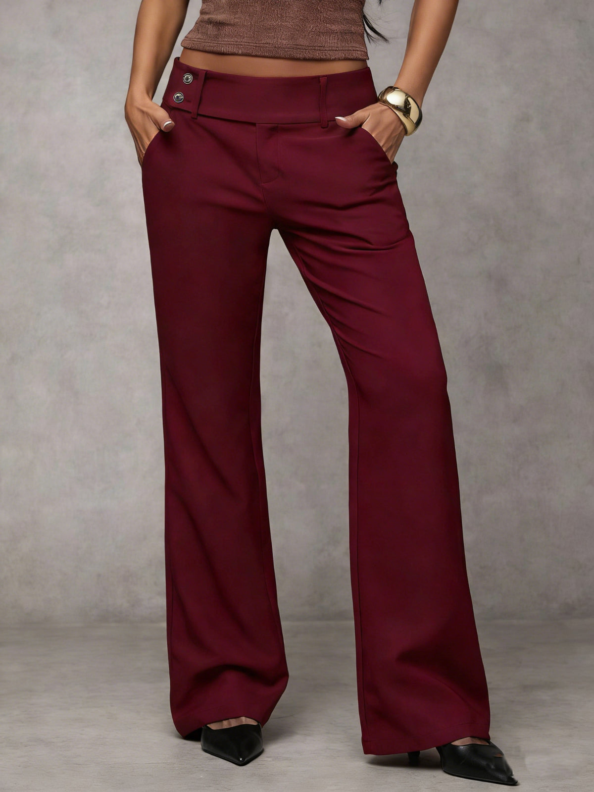 Button-tab wide-leg trousers in wine red
