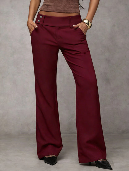 Button-tab wide-leg trousers in wine red