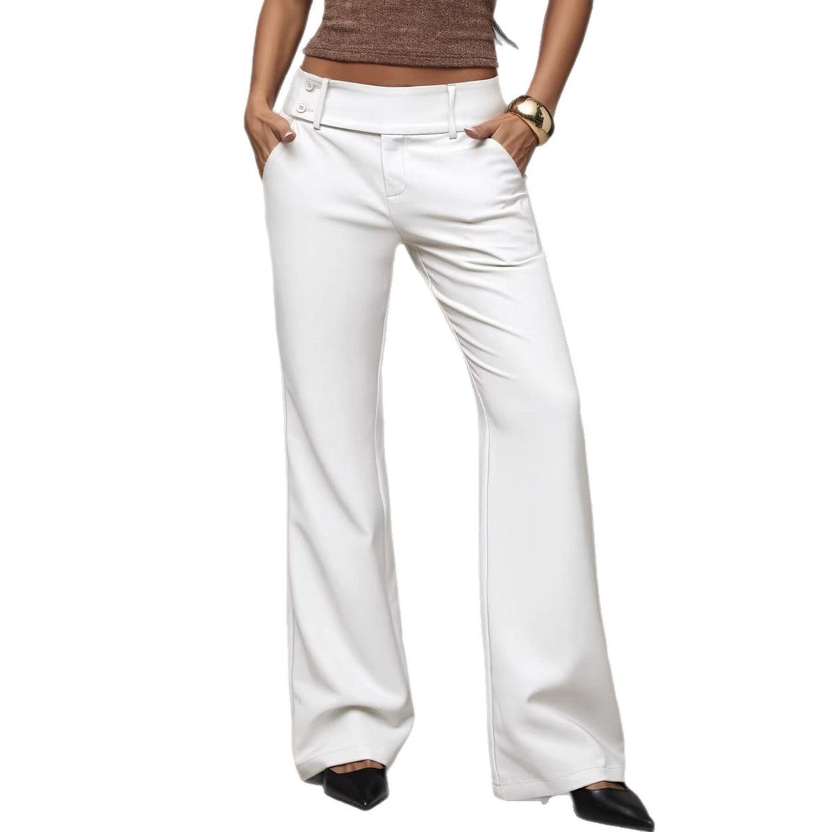 Button-tab wide-leg trousers in white on a white background