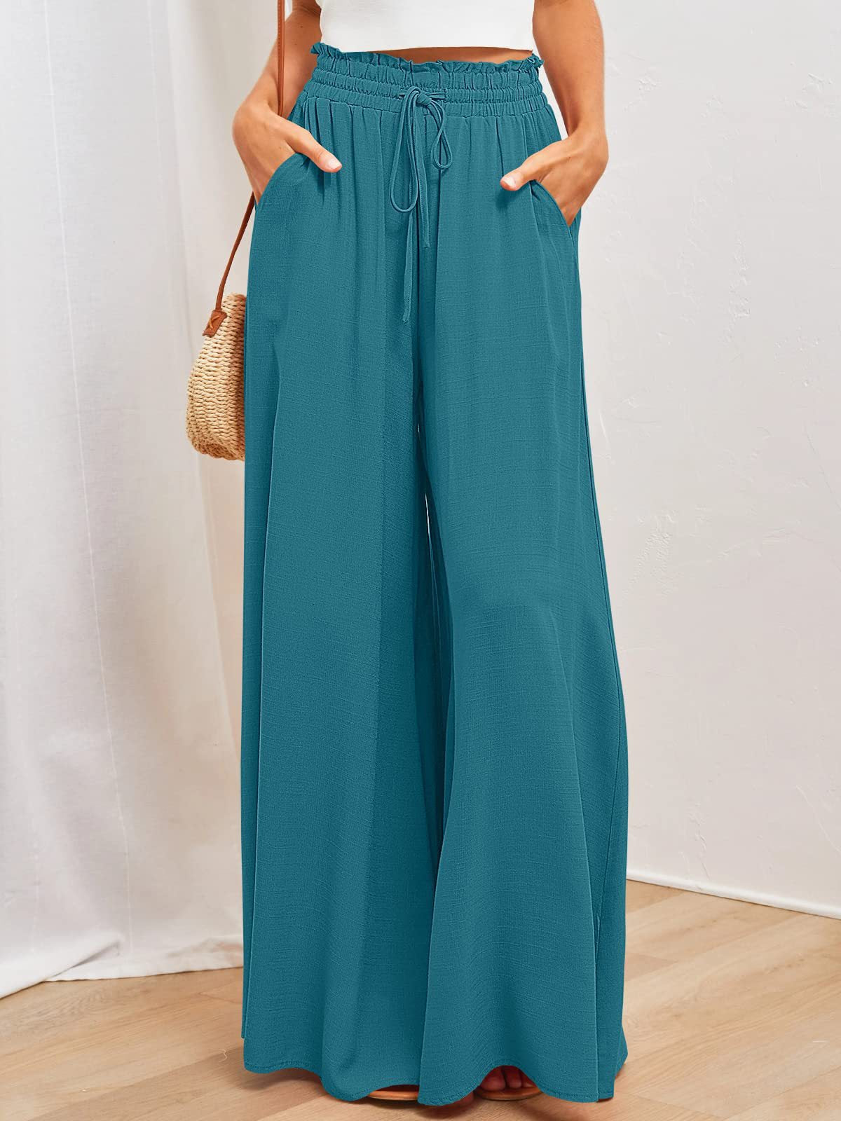 Flowing wide-leg drawstring trousers in peacock blue