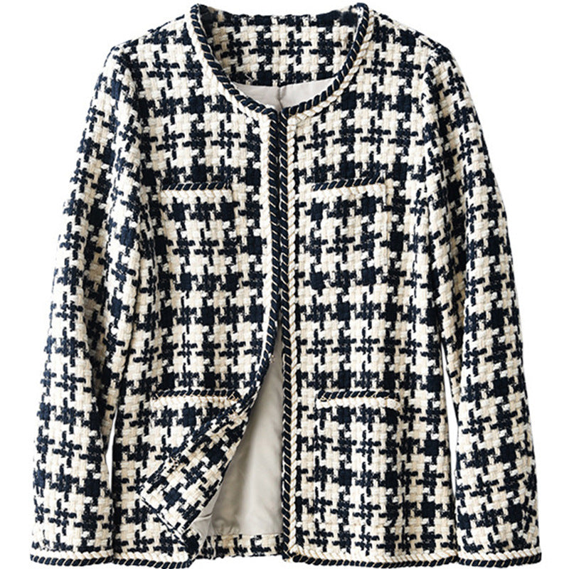 Houndstooth collarless jacket laid flat, front view