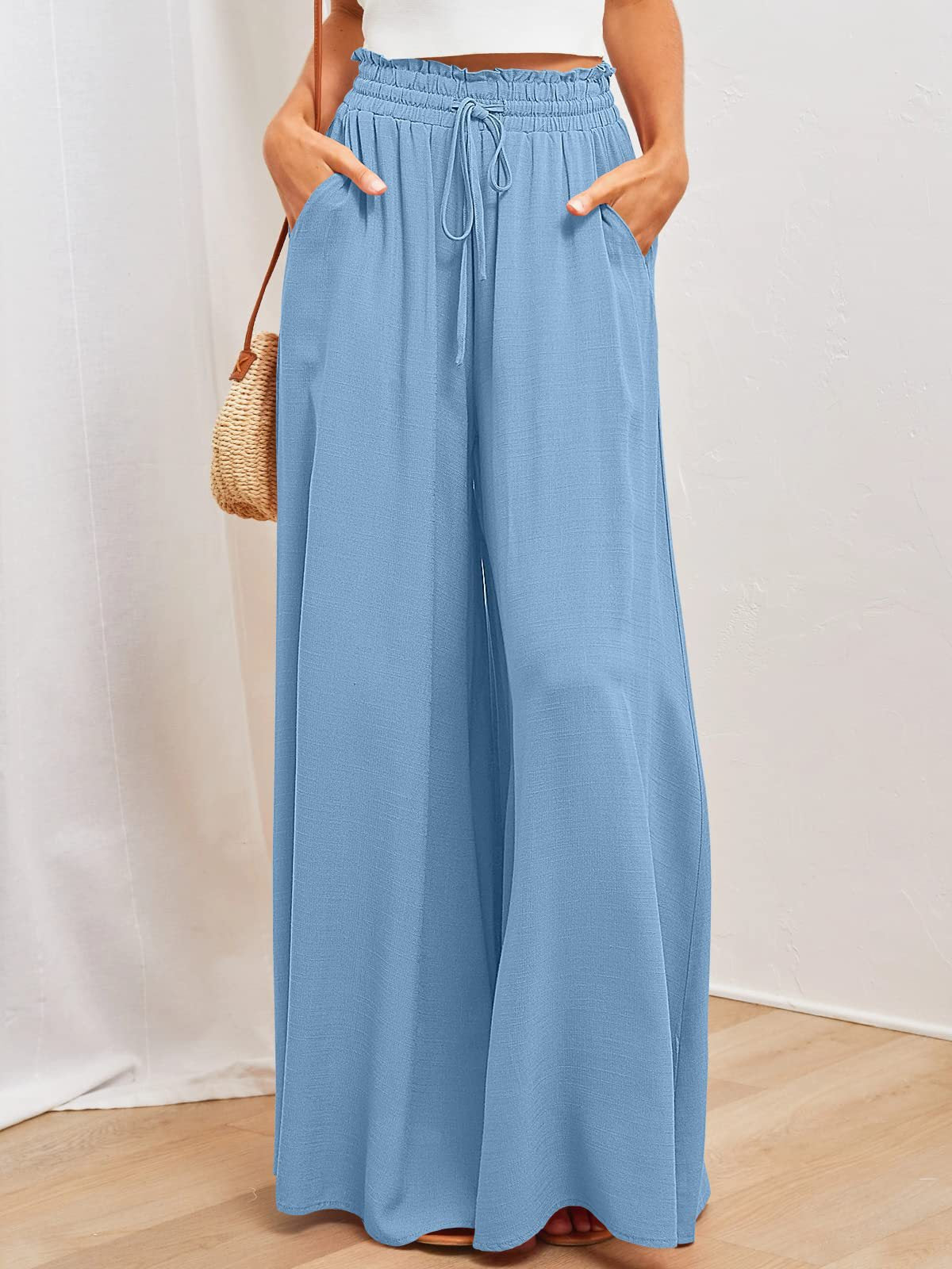 Flowing wide-leg drawstring trousers in sky blue