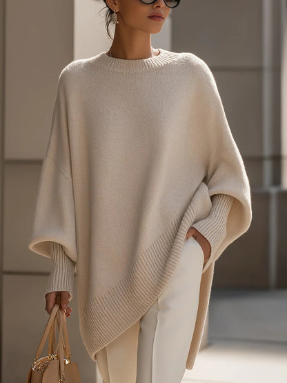 Relaxed round-neck knit sweater in oat