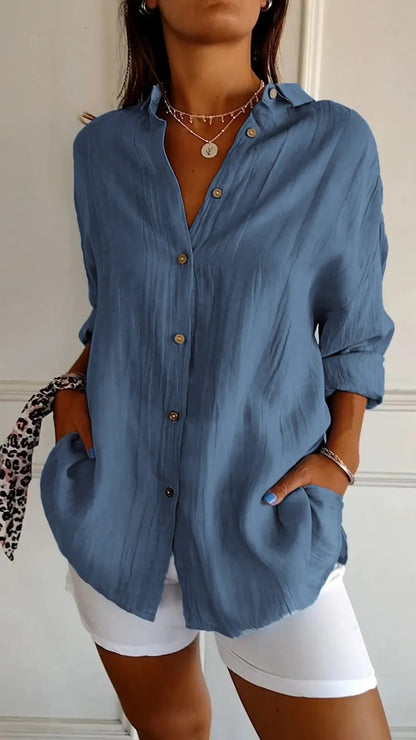 Textured button-front shirt in blue
