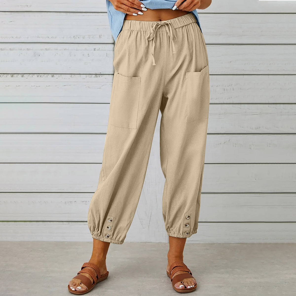 Drawstring tapered trousers in khaki