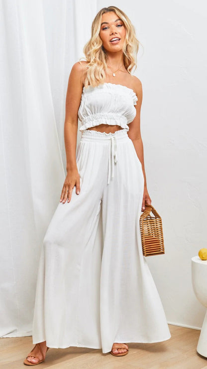 Wide-leg drawstring trousers in white