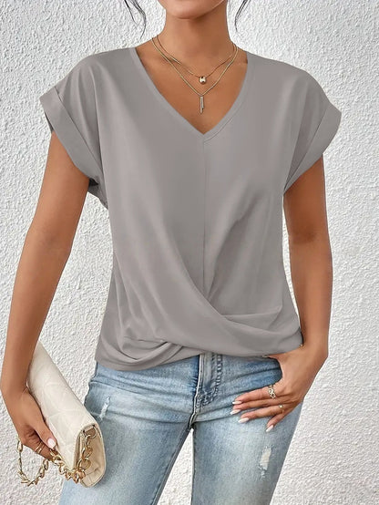 Knot-front V-neck top in grey