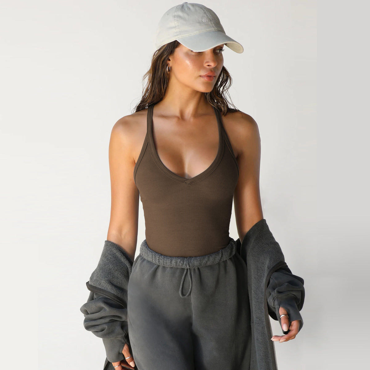 Scoop-neck knit tank in coffee