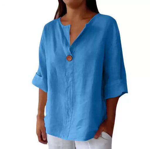 Relaxed button-neck blouse in peacock blue