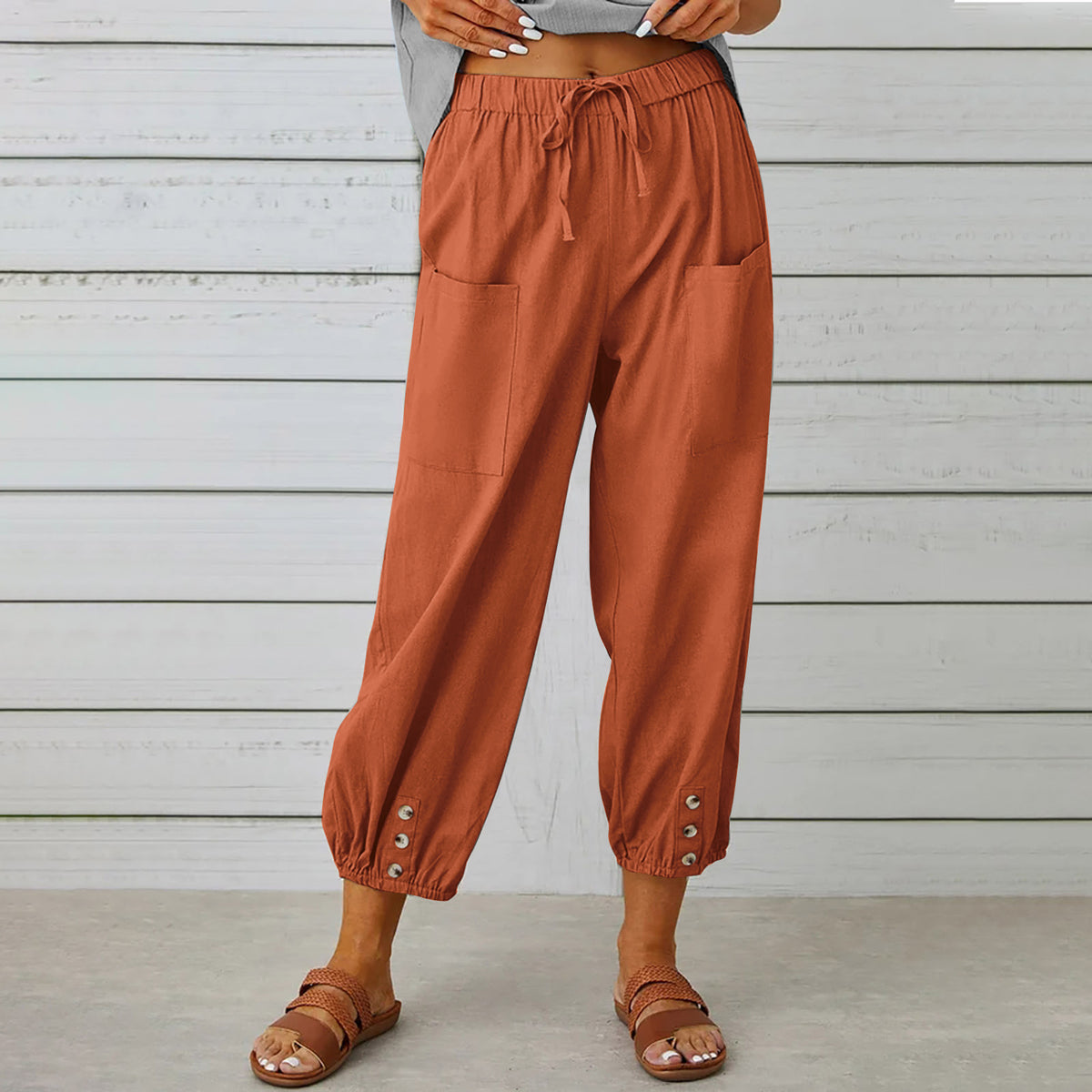 Drawstring tapered trousers in brick red