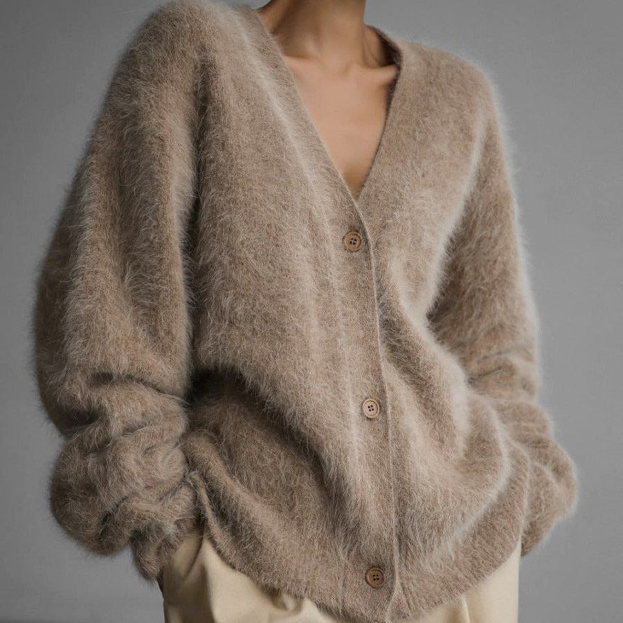 Textured V-neck cardigan in khaki worn open