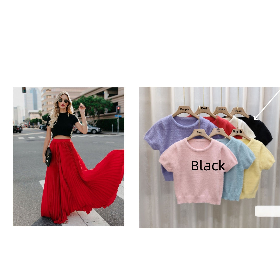 Set option: long flowing maxi skirt in red with a printed T-shirt