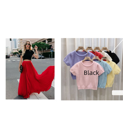 Set option: long flowing maxi skirt in red with a printed T-shirt
