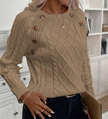 Button-detail cable-knit sweater in light khaki