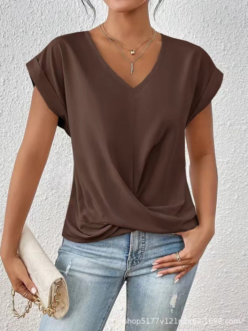 Knot-front V-neck top in coffee