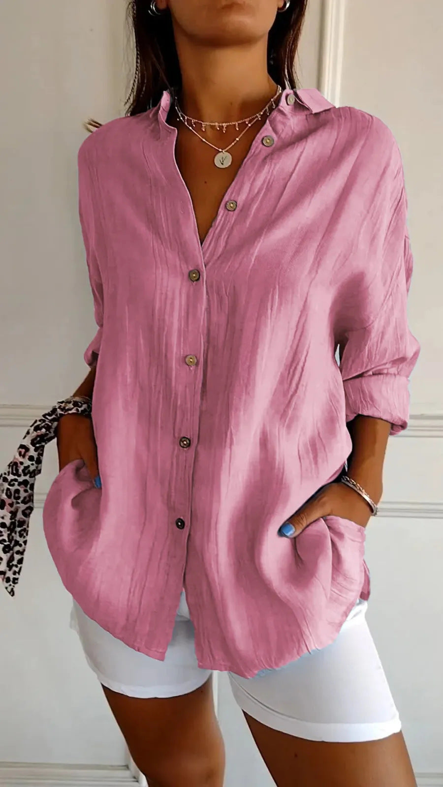 Textured button-front shirt in pink