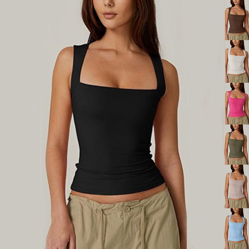 Square-neck tank in black with a colour strip