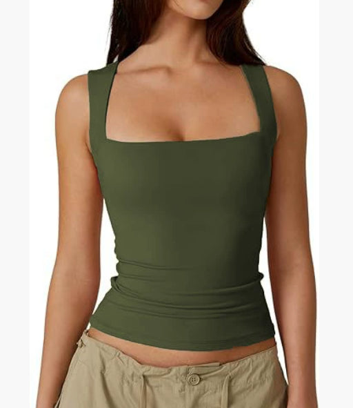 Square-neck layering tank in army green