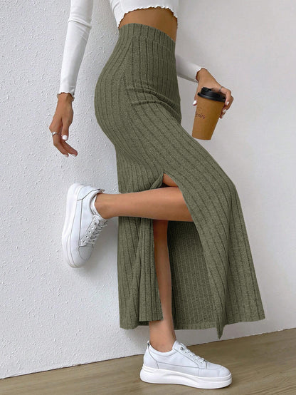 Ribbed maxi skirt showing the side slit in army green