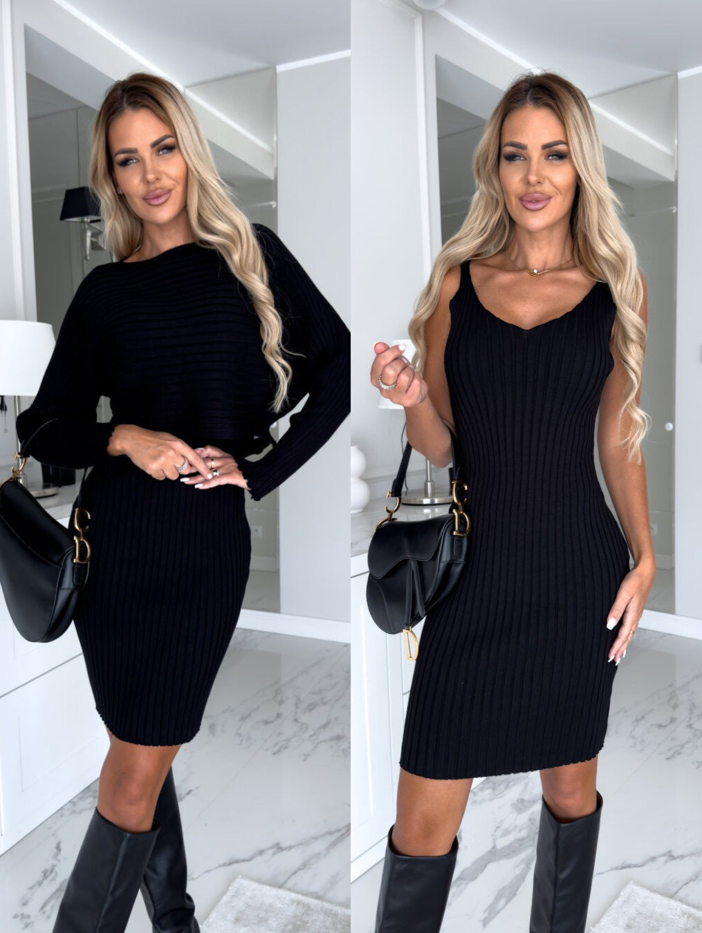Ribbed knit dress and top set in black, shown with and without the top
