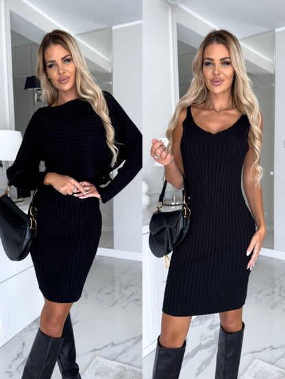 Ribbed knit dress and top set in black, shown with and without the top
