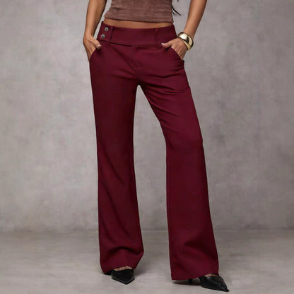 Button-tab wide-leg trousers in wine red, front view
