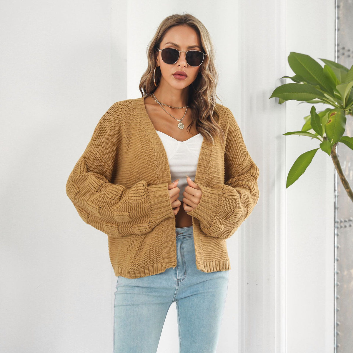 Balloon-sleeve open cardigan in mustard yellow