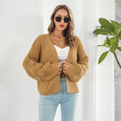 Balloon-sleeve open cardigan in mustard yellow
