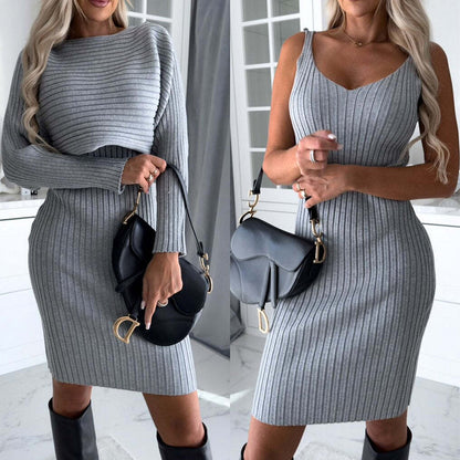 Ribbed knit set in gray shown with and without the top