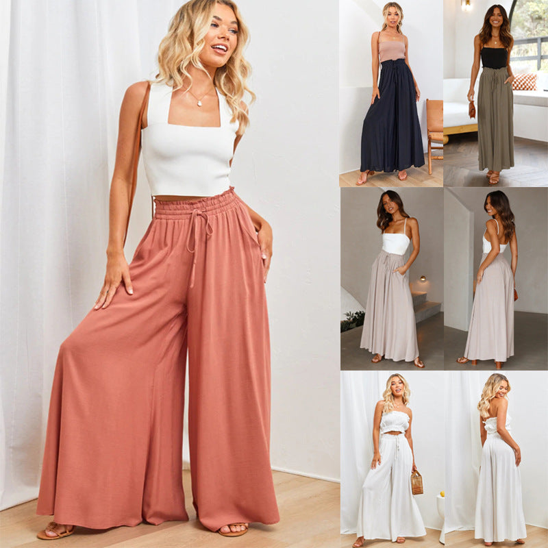 Wide-leg drawstring trousers in coral with a colour collage