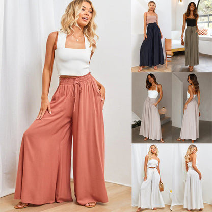 Wide-leg drawstring trousers in coral with a colour collage