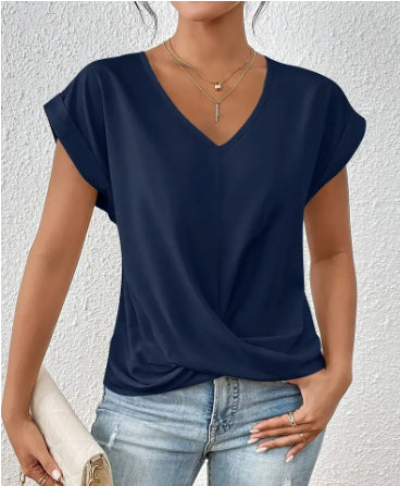 Knot-front V-neck top in navy blue