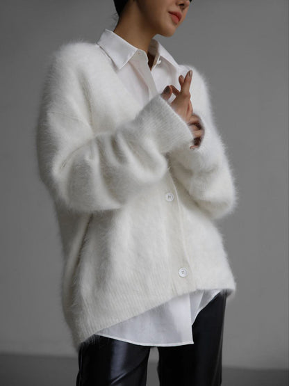 Textured V-neck button cardigan in white