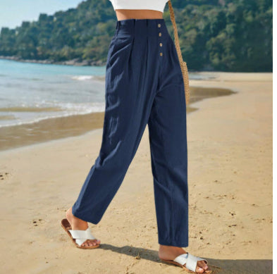 Button-front tapered trousers in navy blue