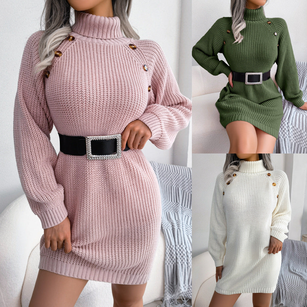 Sweater dresses in pink and green shown with belts, which are not included