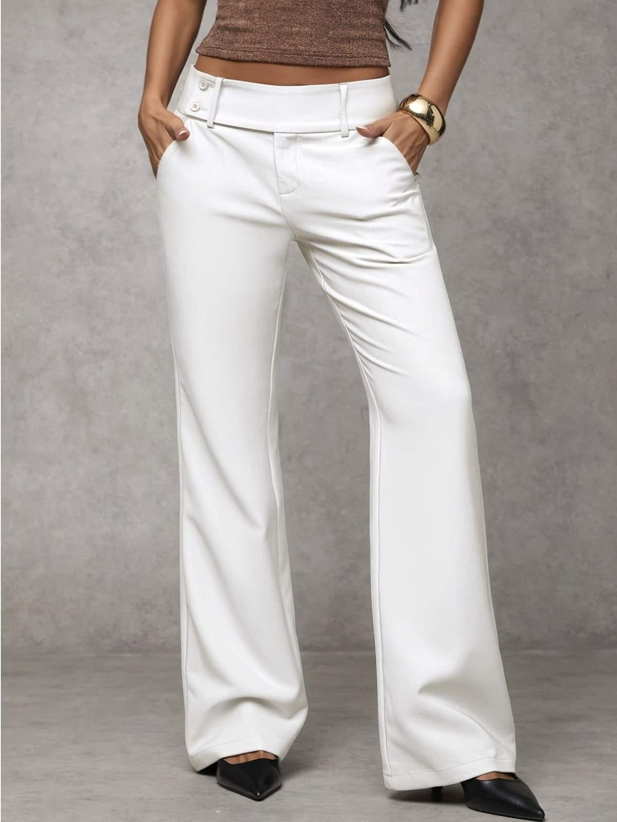 Button-tab wide-leg trousers in white