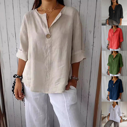 Relaxed button-neck blouse in beige with a colour strip
