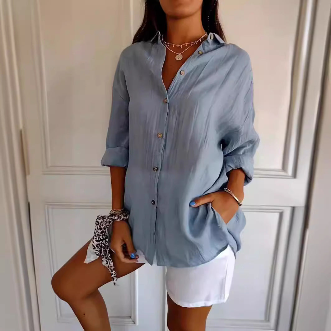 Textured button-front shirt in gray, seated