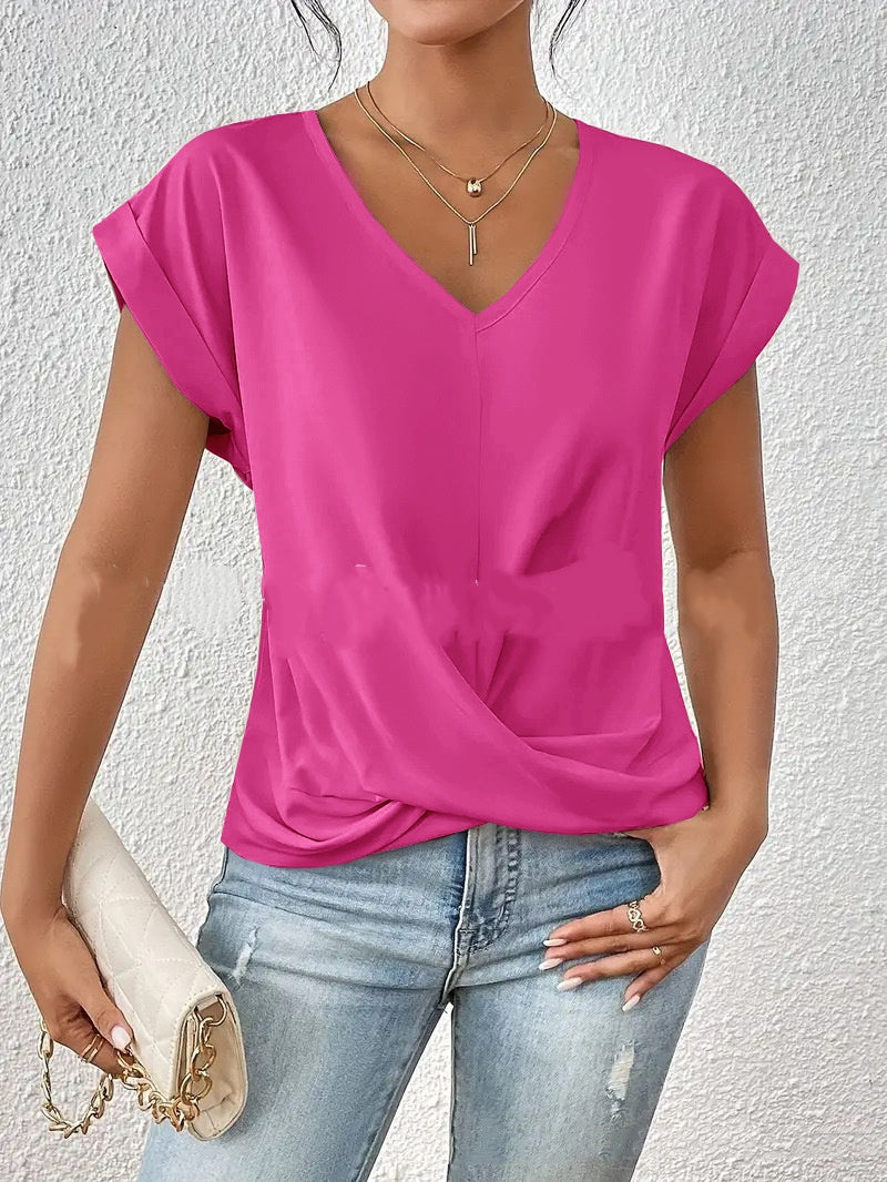 Knot-front V-neck top in rose red