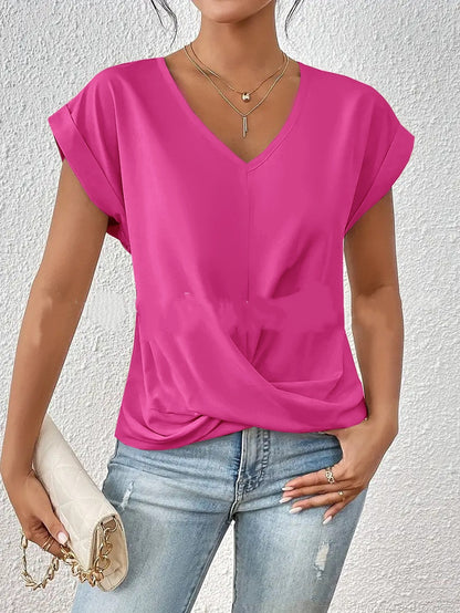 Knot-front V-neck top in rose red