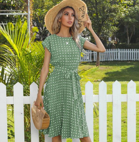 Polka-dot pleated midi dress in mint green